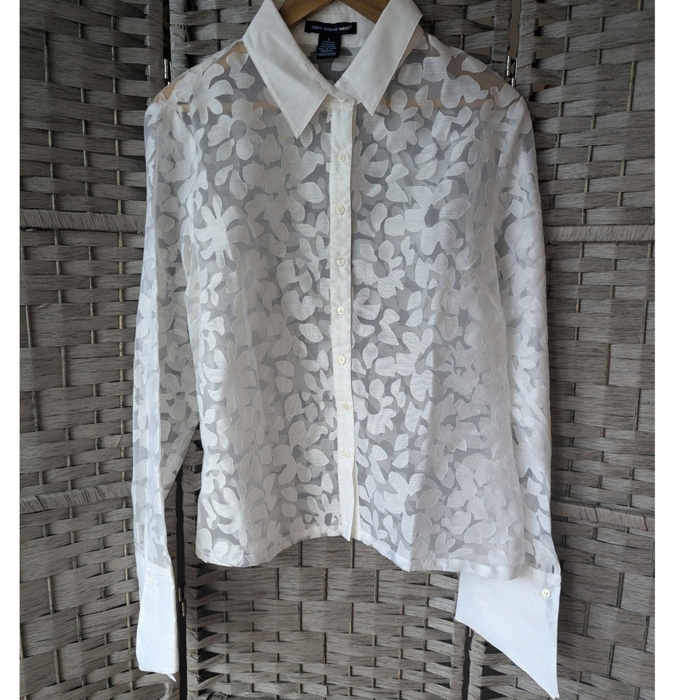 Crisp‎ White Floral Burnout Sheer Linen Blend Long Sleeve Blouse Womens L Beach